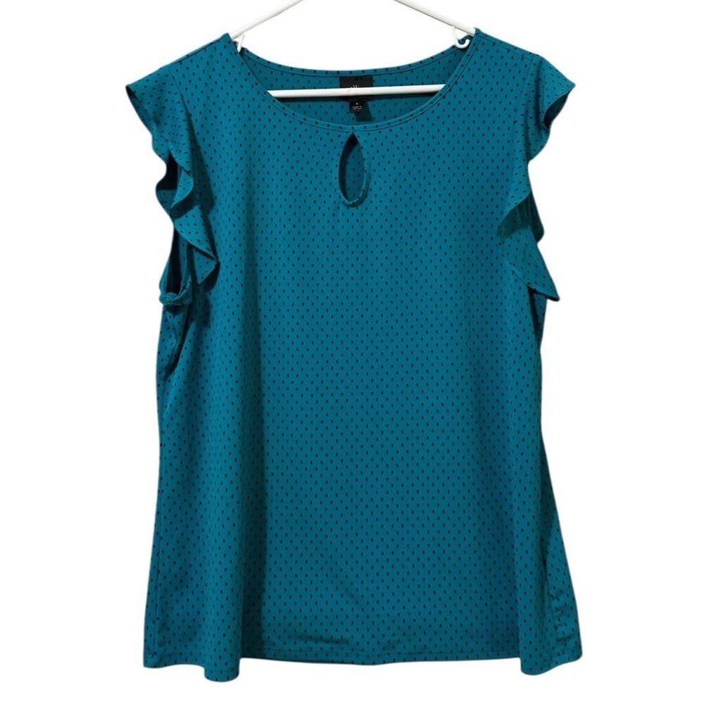 Worthington Women Size Large Polka Dot Ruffle Sleeve Blouse Keyhole Stretch City